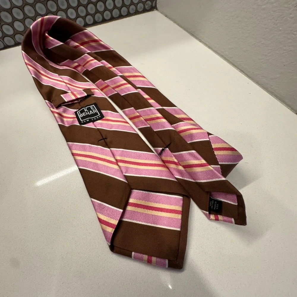 Vintage Ike Behar New York Tie Brown Pink Stripe Silk USA Made Necktie Old Money